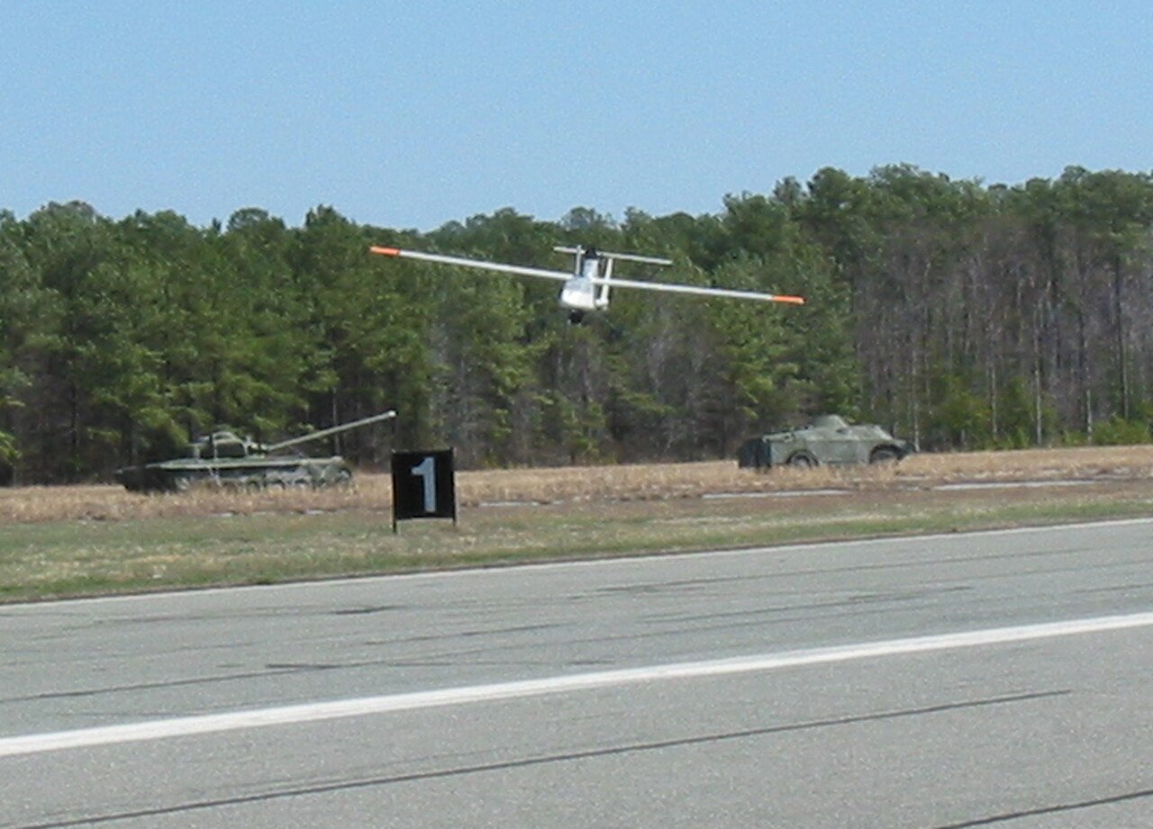 A United States Navy unmanned aerial vehicle returning from a test flight