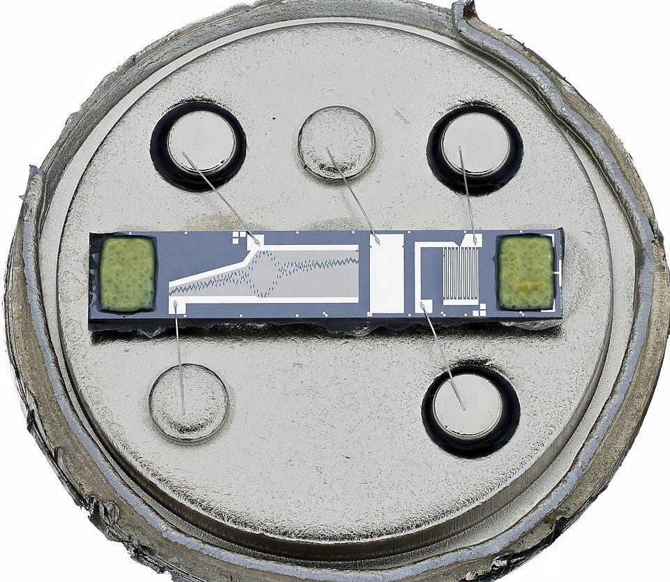 Small surface acoustic wave radio-frequency filter component photographed beside a ruler